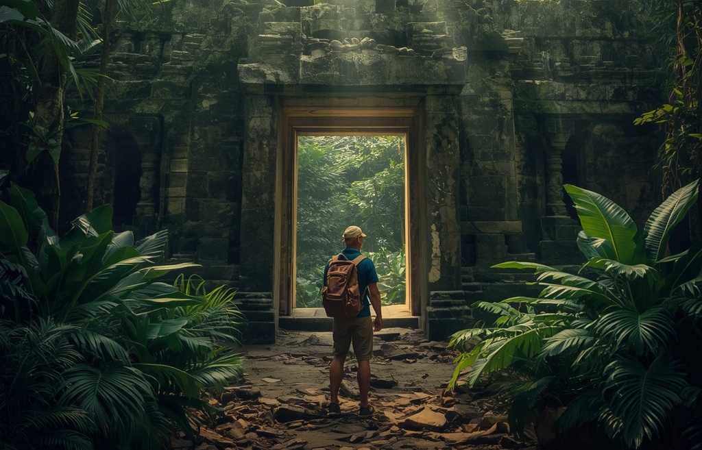 A rugged male explorer with a backpack standing at the entrance of an ancient stone temple surrounded by lush tropical jungle vegetation with sunbeams filtering through the canopy